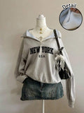 Attitoon Women's Loose Half-Zip High Neck Fleece Sweatshirt, Suitable For Autumn/Winter, Vintage, American Casual Style, 1997 Print,Fall,Chic,Grey,