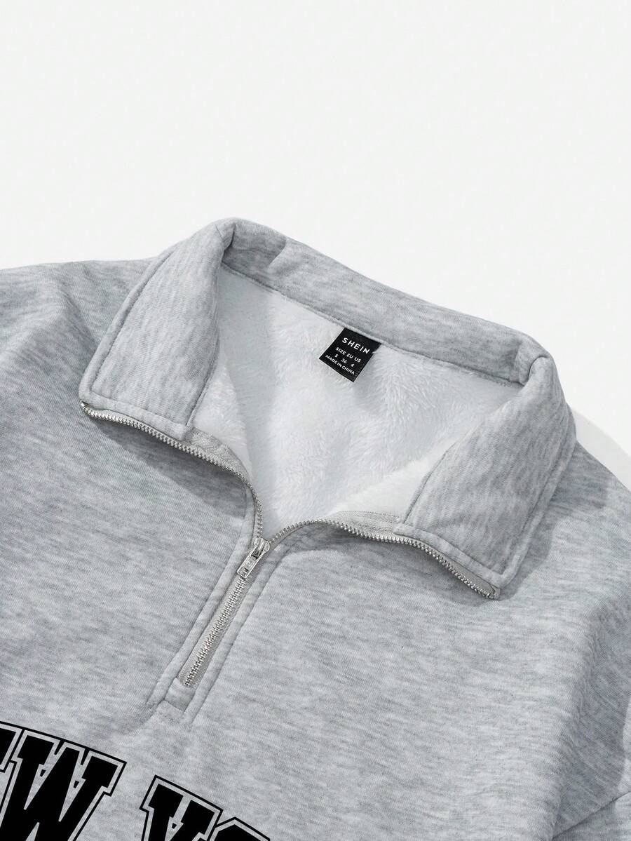 Attitoon Women's Loose Half-Zip High Neck Fleece Sweatshirt, Suitable For Autumn/Winter, Vintage, American Casual Style, 1997 Print,Fall,Chic,Grey,