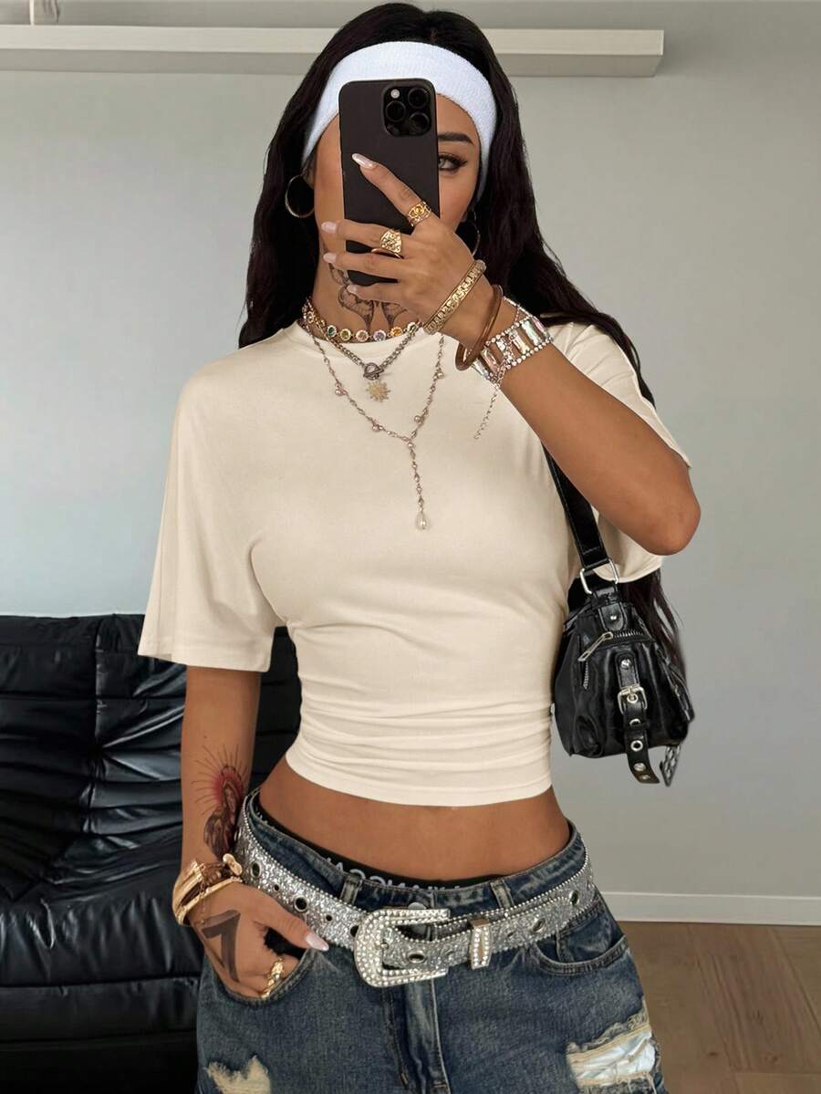 Coolane Women's Summer Minimalist Y2K Basic Daily Wear Casual Back To School Streetwear Stretchy Navy Blue Loose Ruched Crop Tees