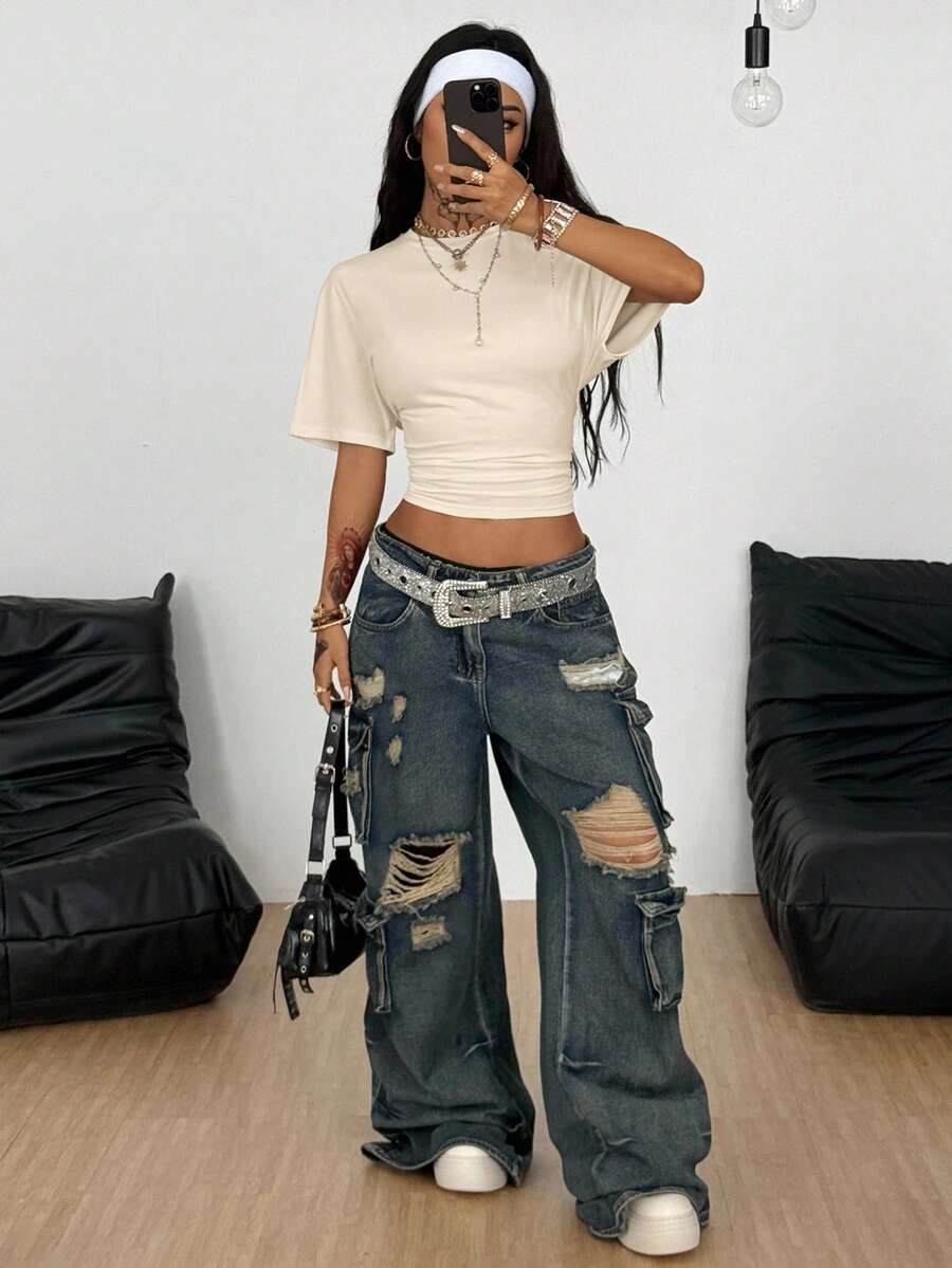 Coolane Women's Summer Minimalist Y2K Basic Daily Wear Casual Back To School Streetwear Stretchy Navy Blue Loose Ruched Crop Tees