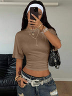 Coolane Women's Summer Minimalist Y2K Basic Daily Wear Casual Back To School Streetwear Stretchy Navy Blue Loose Ruched Crop Tees