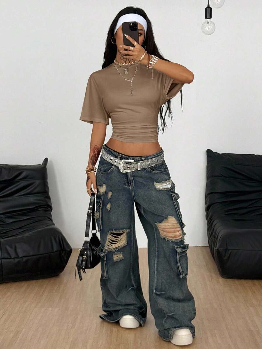 Coolane Women's Summer Minimalist Y2K Basic Daily Wear Casual Back To School Streetwear Stretchy Navy Blue Loose Ruched Crop Tees