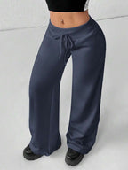 SHEIN PETITE Comfortable And Casual Plain Knitted Low-Rise Wide-Leg Women's Sweatpants Baggy