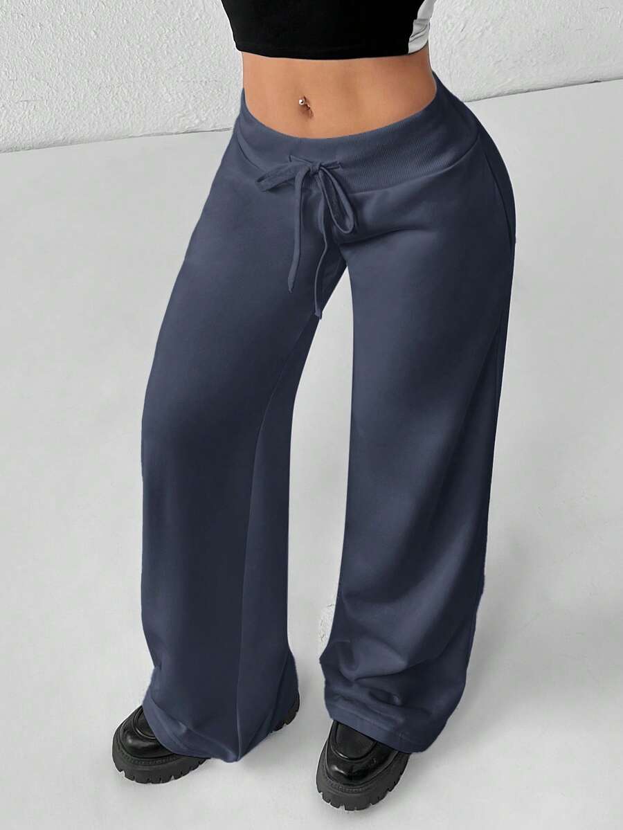 SHEIN PETITE Comfortable And Casual Plain Knitted Low-Rise Wide-Leg Women's Sweatpants Baggy