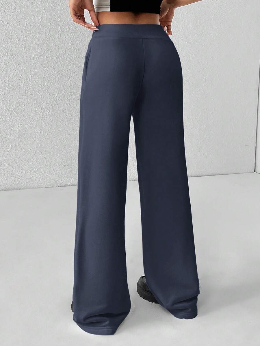 SHEIN PETITE Comfortable And Casual Plain Knitted Low-Rise Wide-Leg Women's Sweatpants Baggy
