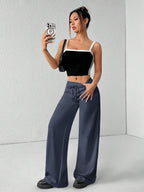 SHEIN PETITE Comfortable And Casual Plain Knitted Low-Rise Wide-Leg Women's Sweatpants Baggy