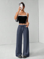 SHEIN PETITE Comfortable And Casual Plain Knitted Low-Rise Wide-Leg Women's Sweatpants Baggy