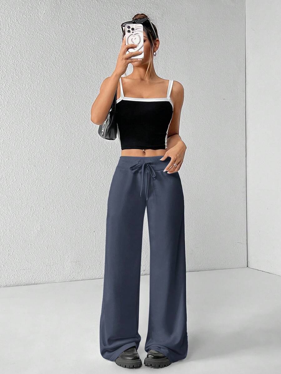 SHEIN PETITE Comfortable And Casual Plain Knitted Low-Rise Wide-Leg Women's Sweatpants Baggy