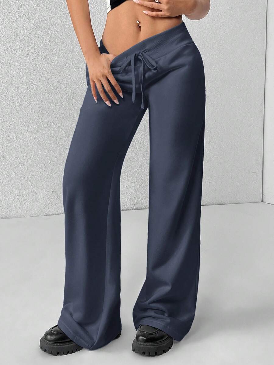 SHEIN PETITE Comfortable And Casual Plain Knitted Low-Rise Wide-Leg Women's Sweatpants Baggy