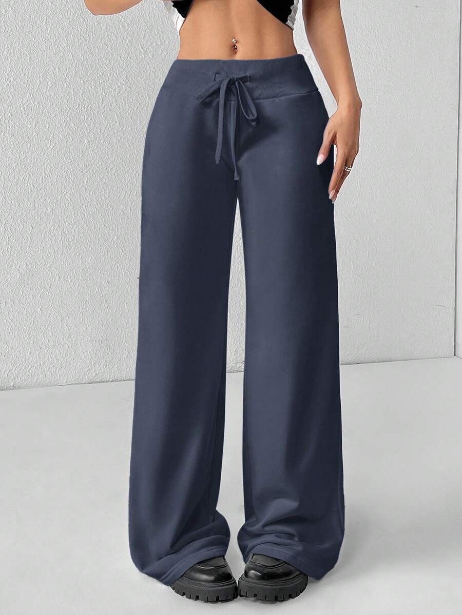 SHEIN PETITE Comfortable And Casual Plain Knitted Low-Rise Wide-Leg Women's Sweatpants Baggy