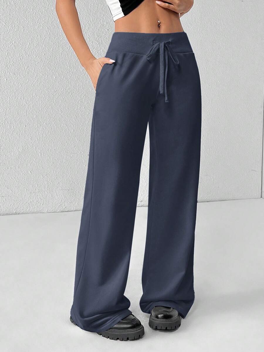 SHEIN PETITE Comfortable And Casual Plain Knitted Low-Rise Wide-Leg Women's Sweatpants Baggy
