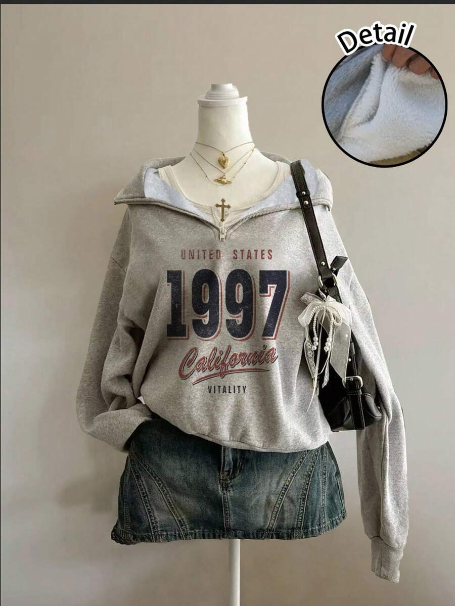 Attitoon Women's Loose Half-Zip High Neck Fleece Sweatshirt, Suitable For Autumn/Winter, Vintage, American Casual Style, 1997 Print,Fall,Chic,Grey,