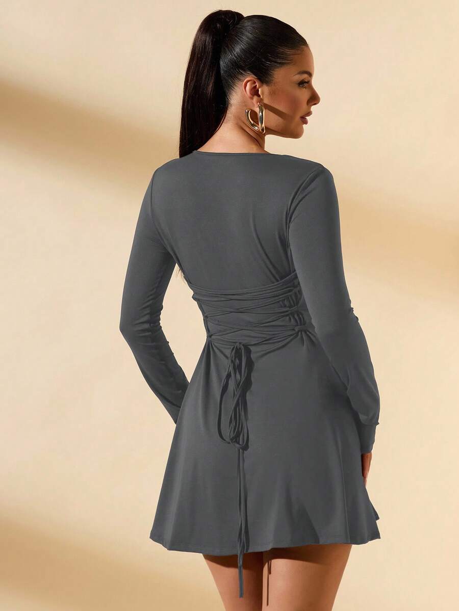 SHEIN BAE Women's Slim-Fitting Long-Sleeved High-Neck Mini Dress With Ruffled Hem, Coffee Color, Suitable For Layering, Dating Or Commuting In Autumn And Winter, Elegant Card Dress Umbrella Skirt Office Wear Work Wear Autumn Inner Wear,Summer Dresses For Women,Tea Party Dress