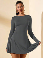 SHEIN BAE Women's Slim-Fitting Long-Sleeved High-Neck Mini Dress With Ruffled Hem, Coffee Color, Suitable For Layering, Dating Or Commuting In Autumn And Winter, Elegant Card Dress Umbrella Skirt Office Wear Work Wear Autumn Inner Wear,Summer Dresses For Women,Tea Party Dress