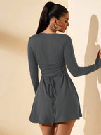 SHEIN BAE Women's Slim-Fitting Long-Sleeved High-Neck Mini Dress With Ruffled Hem, Coffee Color, Suitable For Layering, Dating Or Commuting In Autumn And Winter, Elegant Card Dress Umbrella Skirt Office Wear Work Wear Autumn Inner Wear,Summer Dresses For Women,Tea Party Dress