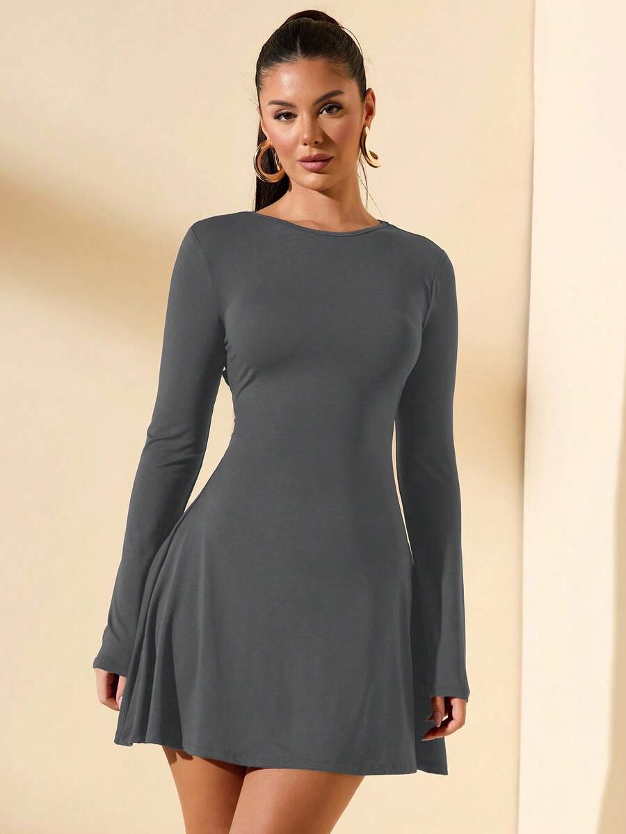 SHEIN BAE Women's Slim-Fitting Long-Sleeved High-Neck Mini Dress With Ruffled Hem, Coffee Color, Suitable For Layering, Dating Or Commuting In Autumn And Winter, Elegant Card Dress Umbrella Skirt Office Wear Work Wear Autumn Inner Wear,Summer Dresses For Women,Tea Party Dress