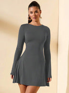 SHEIN BAE Women's Slim-Fitting Long-Sleeved High-Neck Mini Dress With Ruffled Hem, Coffee Color, Suitable For Layering, Dating Or Commuting In Autumn And Winter, Elegant Card Dress Umbrella Skirt Office Wear Work Wear Autumn Inner Wear,Summer Dresses For Women,Tea Party Dress