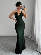 Selianne V-Neck Contrast Lace Backless Criss-Cross Strap Fishnet Mermaid Hem Bodycon Slip Dress For Women Maxi Women Outfit