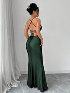 Selianne V-Neck Contrast Lace Backless Criss-Cross Strap Fishnet Mermaid Hem Bodycon Slip Dress For Women Maxi Women Outfit