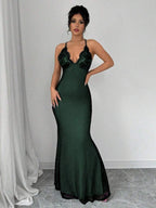 Selianne V-Neck Contrast Lace Backless Criss-Cross Strap Fishnet Mermaid Hem Bodycon Slip Dress For Women Maxi Women Outfit