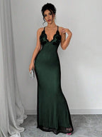 Selianne V-Neck Contrast Lace Backless Criss-Cross Strap Fishnet Mermaid Hem Bodycon Slip Dress For Women Maxi Women Outfit
