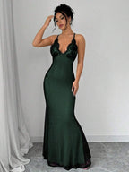 Selianne V-Neck Contrast Lace Backless Criss-Cross Strap Fishnet Mermaid Hem Bodycon Slip Dress For Women Maxi Women Outfit