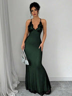 Selianne V-Neck Contrast Lace Backless Criss-Cross Strap Fishnet Mermaid Hem Bodycon Slip Dress For Women Maxi Women Outfit