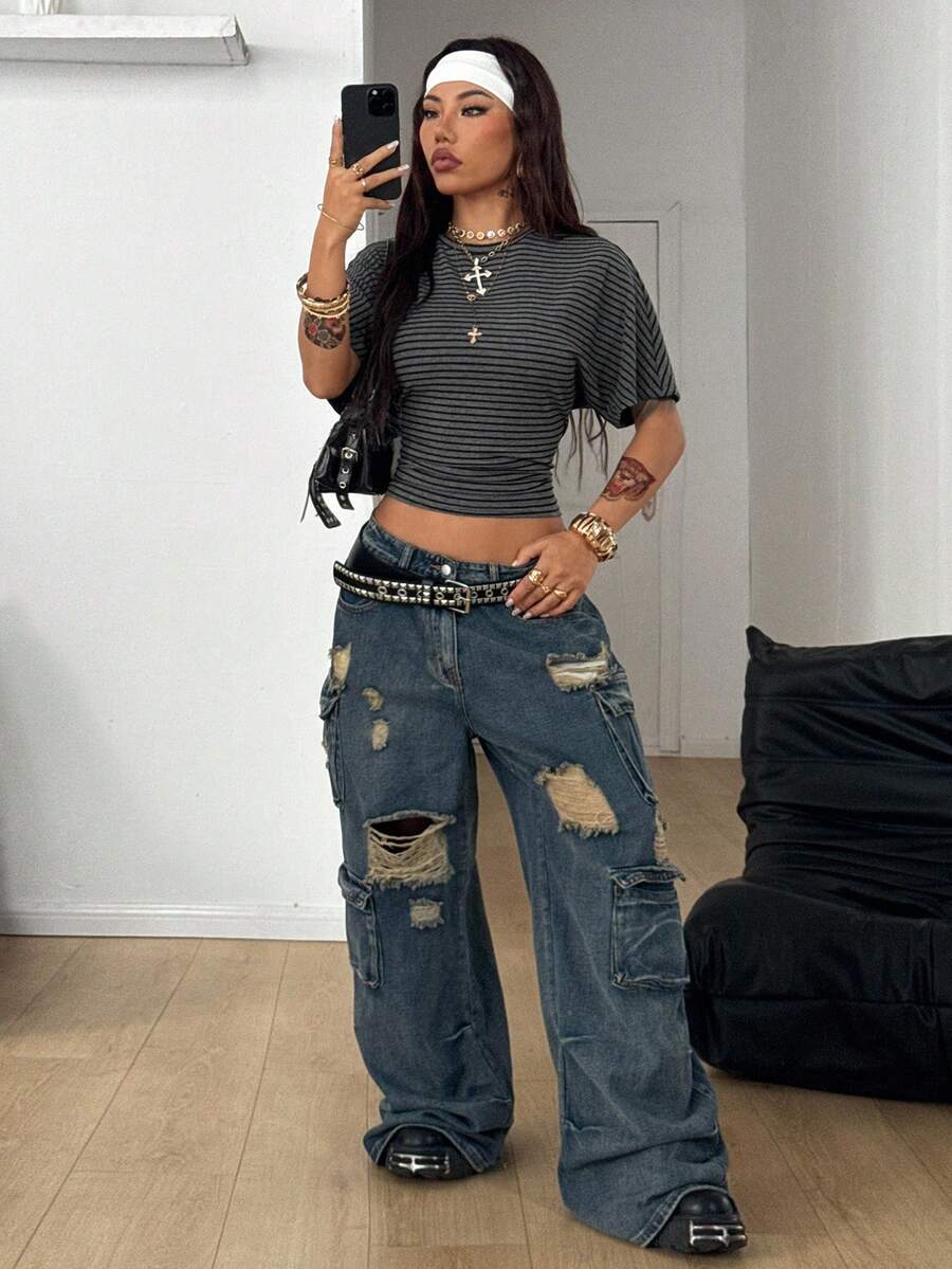 Coolane Women's Summer Minimalist Y2K Basic Daily Wear Casual Back To School Streetwear Stretchy Navy Blue Loose Ruched Crop Tees