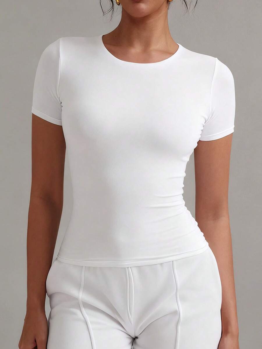 XLLAIS 2025 Model Black Short Sleeve Crew Neck Solid Color Basic Fitted Casual T-Shirt For Women, Summer