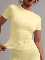 XLLAIS 2025 Model Black Short Sleeve Crew Neck Solid Color Basic Fitted Casual T-Shirt For Women, Summer