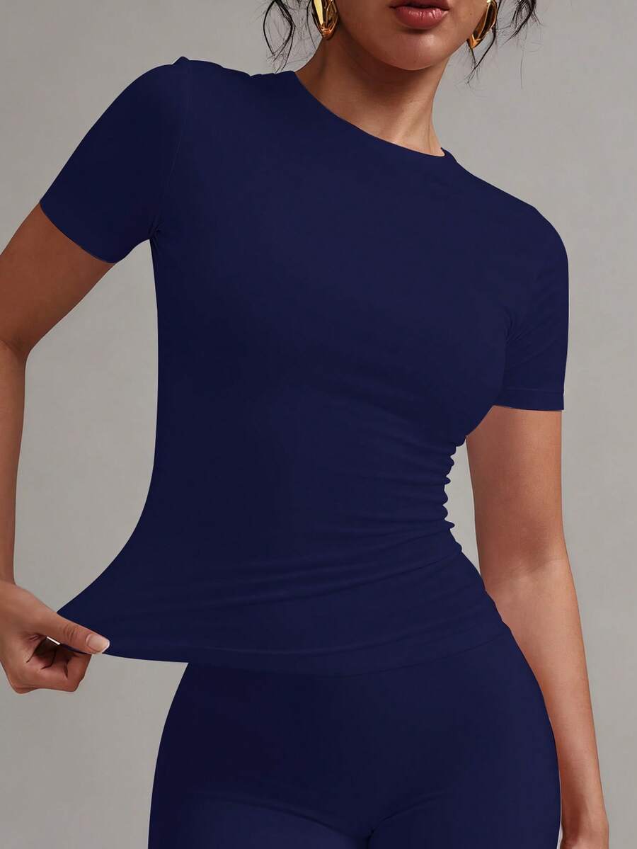 XLLAIS 2025 Model Black Short Sleeve Crew Neck Solid Color Basic Fitted Casual T-Shirt For Women, Summer