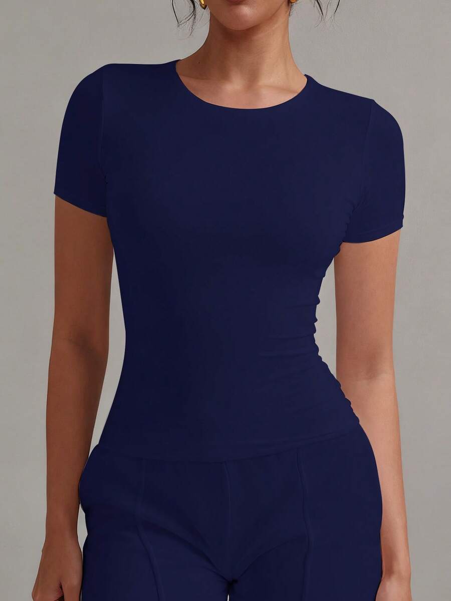 XLLAIS 2025 Model Black Short Sleeve Crew Neck Solid Color Basic Fitted Casual T-Shirt For Women, Summer