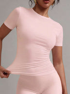 XLLAIS 2025 Model Black Short Sleeve Crew Neck Solid Color Basic Fitted Casual T-Shirt For Women, Summer