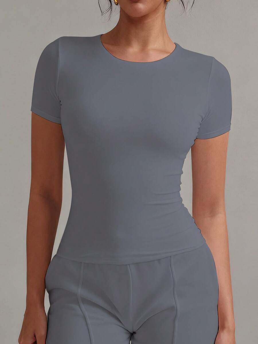 XLLAIS 2025 Model Black Short Sleeve Crew Neck Solid Color Basic Fitted Casual T-Shirt For Women, Summer
