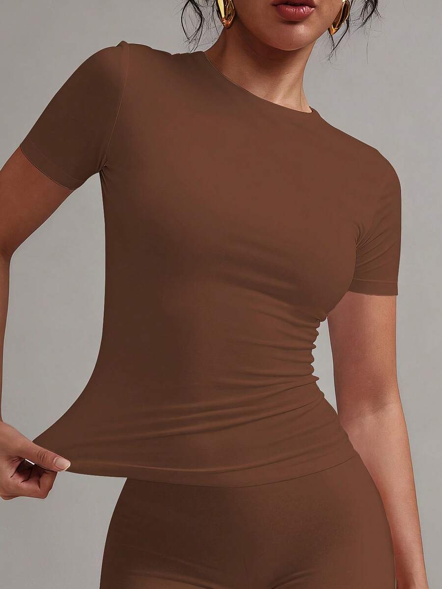XLLAIS 2025 Model Black Short Sleeve Crew Neck Solid Color Basic Fitted Casual T-Shirt For Women, Summer