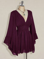 SHEIN ICON Women's Halloween Goth Black Corset Solid Color V-Neck Waist Cinched Elegant Long Sleeve Mini Dress,Fall/Winter  Bell Sleeve Dress Black Dress With Sleeves,Thanksgiving Outfit For Women