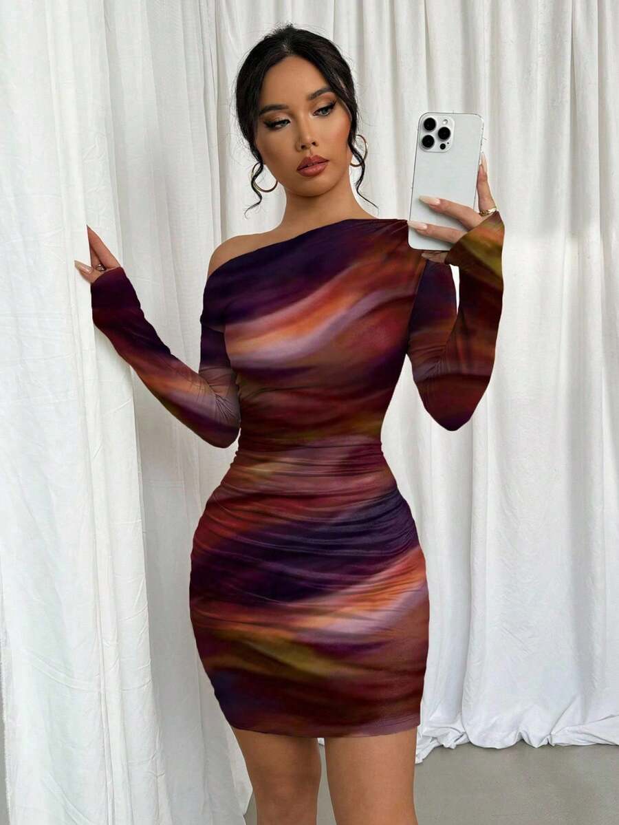 Selianne 1pc Women Fitted Tie Dye Print Ruched Oblique Shoulder Long Sleeve Dress For New Year Clothes Fall Cloth For Women