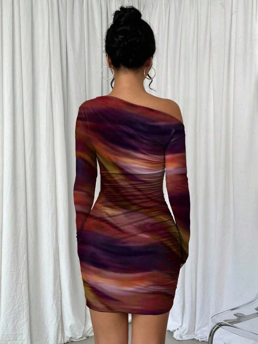 Selianne 1pc Women Fitted Tie Dye Print Ruched Oblique Shoulder Long Sleeve Dress For New Year Clothes Fall Cloth For Women