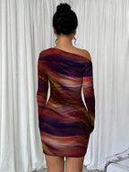 Selianne 1pc Women Fitted Tie Dye Print Ruched Oblique Shoulder Long Sleeve Dress For New Year Clothes Fall Cloth For Women