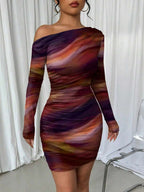 Selianne 1pc Women Fitted Tie Dye Print Ruched Oblique Shoulder Long Sleeve Dress For New Year Clothes Fall Cloth For Women