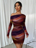 Selianne 1pc Women Fitted Tie Dye Print Ruched Oblique Shoulder Long Sleeve Dress For New Year Clothes Fall Cloth For Women