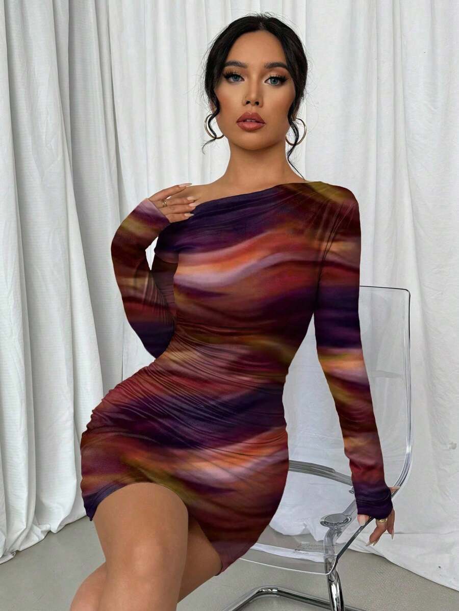 Selianne 1pc Women Fitted Tie Dye Print Ruched Oblique Shoulder Long Sleeve Dress For New Year Clothes Fall Cloth For Women