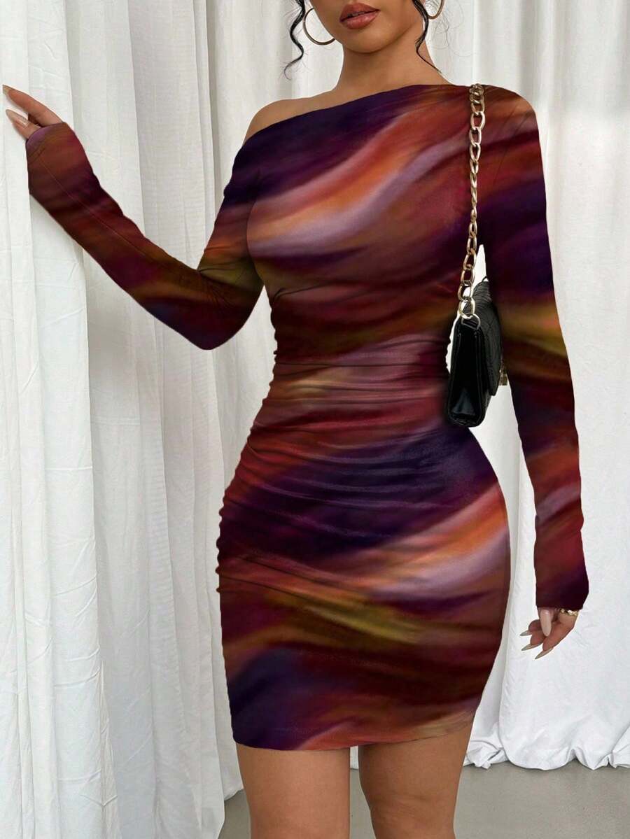 Selianne 1pc Women Fitted Tie Dye Print Ruched Oblique Shoulder Long Sleeve Dress For New Year Clothes Fall Cloth For Women