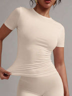XLLAIS 2025 Model Black Short Sleeve Crew Neck Solid Color Basic Fitted Casual T-Shirt For Women, Summer