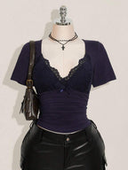 SHEIN ICON Plus Size V-Neck Lace Patchwork Waist Ruched Fitted Knit Top, Sexy T-Shirt For Spring/Summer, Wedding Guest Top