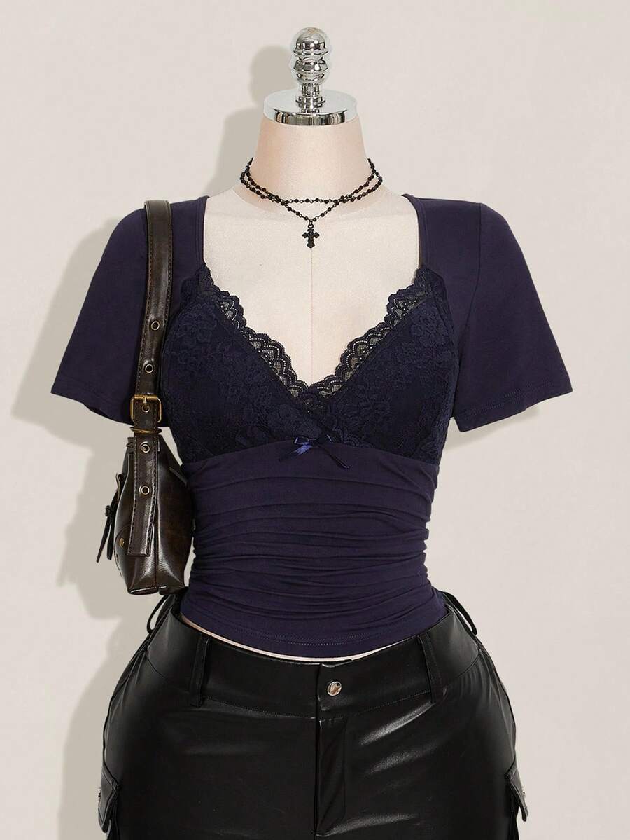 SHEIN ICON Plus Size V-Neck Lace Patchwork Waist Ruched Fitted Knit Top, Sexy T-Shirt For Spring/Summer, Wedding Guest Top