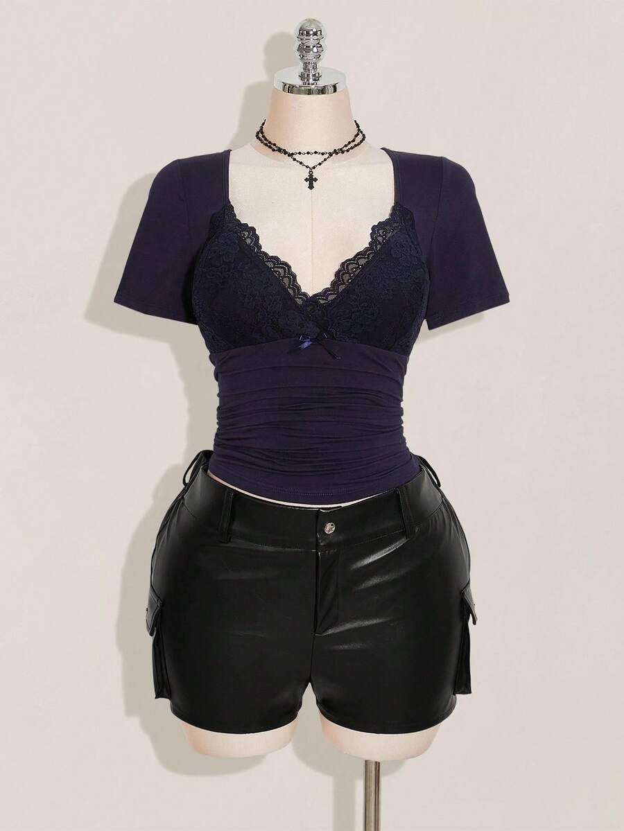 SHEIN ICON Plus Size V-Neck Lace Patchwork Waist Ruched Fitted Knit Top, Sexy T-Shirt For Spring/Summer, Wedding Guest Top