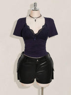 SHEIN ICON Plus Size V-Neck Lace Patchwork Waist Ruched Fitted Knit Top, Sexy T-Shirt For Spring/Summer, Wedding Guest Top