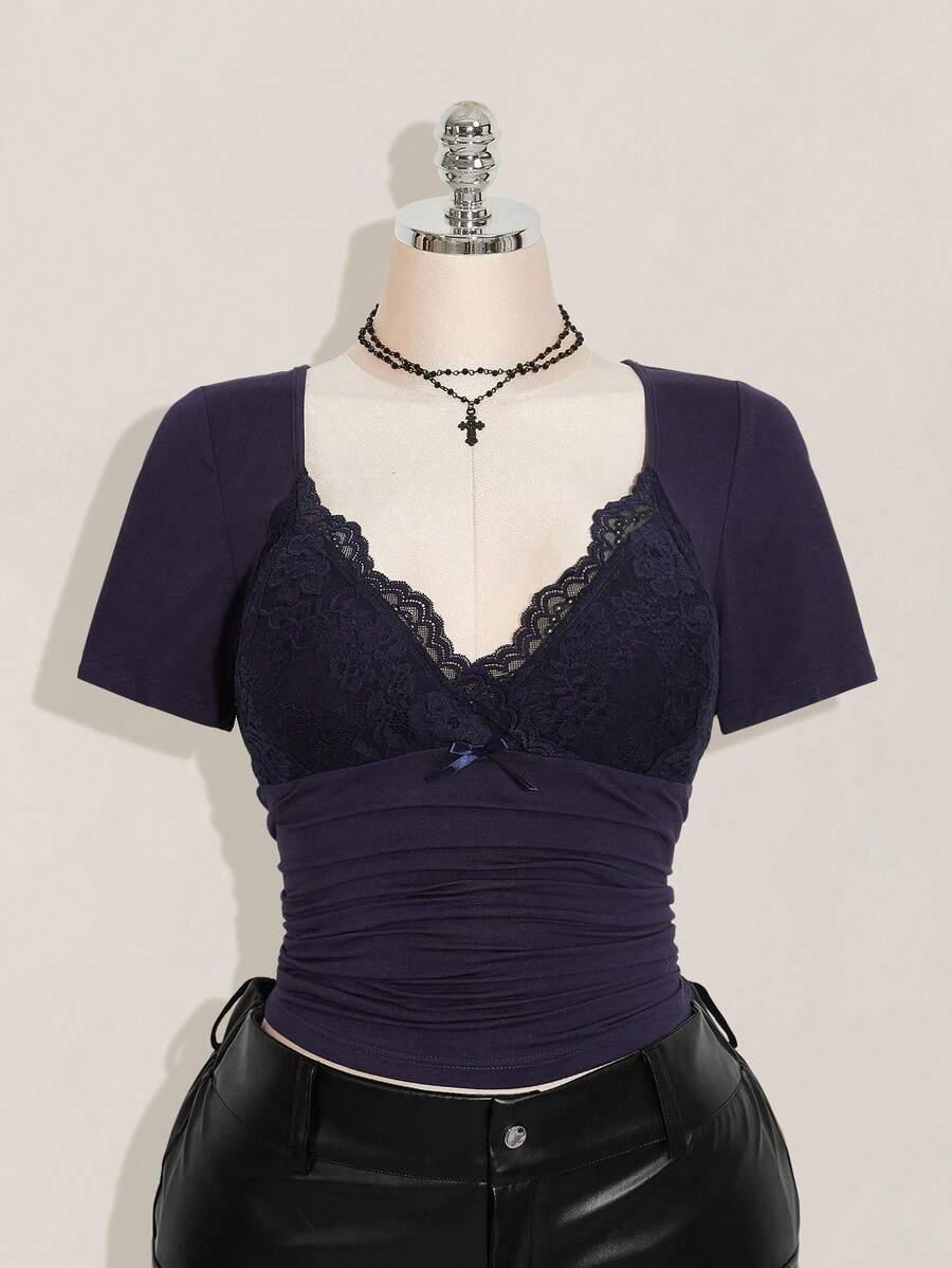 SHEIN ICON Plus Size V-Neck Lace Patchwork Waist Ruched Fitted Knit Top, Sexy T-Shirt For Spring/Summer, Wedding Guest Top