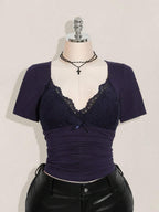SHEIN ICON Plus Size V-Neck Lace Patchwork Waist Ruched Fitted Knit Top, Sexy T-Shirt For Spring/Summer, Wedding Guest Top
